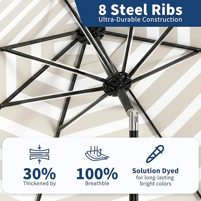 Garvee 9FT Outdoor Patio Umbrella 8 Sturdy Ribs Outdoor Table Umbrella with Crank Lift & Push Button Tilt - UV Protection Waterproof Market Umbrellas for Pool Deck Yard Garden, Tan & White Stripes