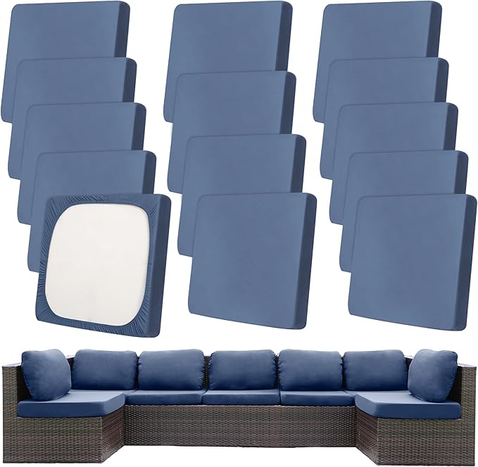 14Pcs Patio Cushion Covers,Outdoor Cushions Covers,Stretch Cushion Covers Replacement, Washable and Reusable Furniture Protectors(Grey Blue)