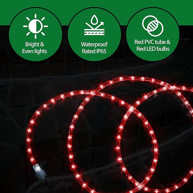 Tupkee LED Rope Light Red - for Indoor and Outdoor use, 24 Feet (7.3 m) - 10MM Diameter - 144 LED Long Life Bulbs Rope Tube Lights - Pack of 2