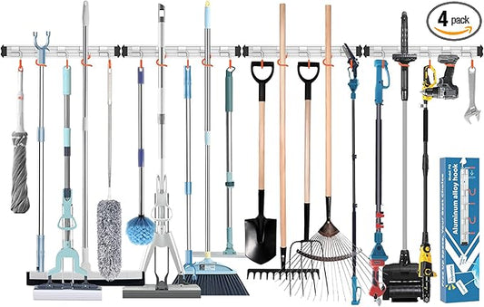Mop and Broom Holder Wall Mount Garden Tool Rack Organizer, Modern Style,Movable Aluminum Alloy Wall Mounted Hook 4 Pack,Storage Gift for Bathroom,Closet,Laundry Room,Garage,Tool Room(Orange)