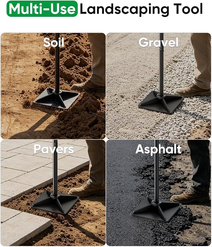 Heavy Duty Steel Hand Tamper, 8"x8" Soil Plate Compactor with 44" Adjustable Handle & Rubber Grip, Anti-Loose Ladscaping Tools for Ground, Gravel, Dirt, Sand, Asphalt, Pavers, Blacktop, Black