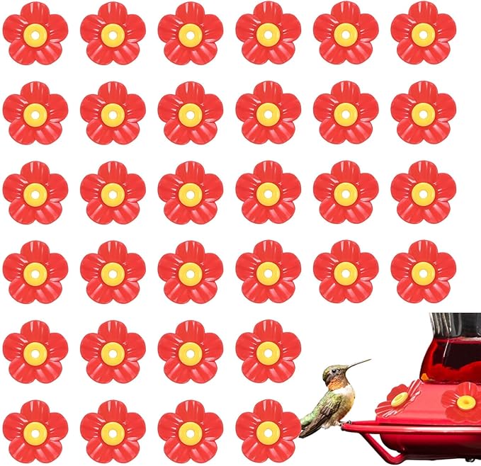 M METERXITY 32-Pack Hummingbird Feeder Replacement Flowers, Plastic Pet Hummingbird Feeding Parts Feeding Ports for Outdoor Hanging Feeders, Bees Guards [Red]