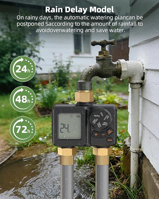 Sprinkler Timer 2 Zone,Water Timer for Garden Hose with Lithium Battery ＆ Controller Brass Inlet, Delay/Manual/Automatic Watering Irrigation System for Yard, Lawn,Garden IPX6 Waterproof