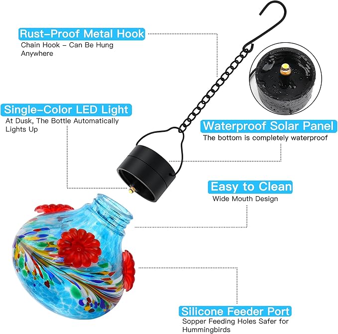 SAVENNA Hand Blown Glass Solar Hummingbird Feeder with Soft Night Light,17oz Leak-Proof Decorative Feeder for Outdoor Garden Patio Yard – Blue Phoenix Swirl