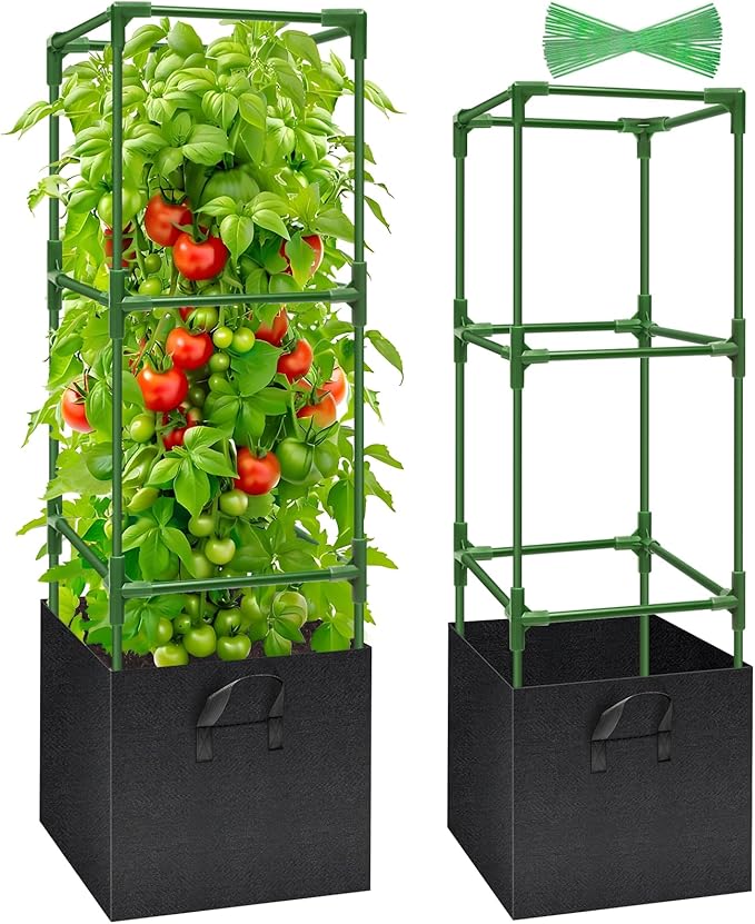 Legigo 2 Pack Tomato Cages with 17 Gallon Grow Bags- 47 Inch Square Tomato Cages for Garden, Heavy-Duty Tomato Stakes Plant Support Cages Trellis for Garden Vertical Climbing Plants Vegetables