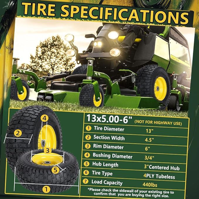 13x5.00-6 Tire and Wheel Assemblies (2 Pack),13 x 5 x 6 Tubeless Rubber Tires and Wheel for Riding Lawn Mower - With 3/4" Bushings (Extra 5/8" Bushings) and 3" Centered Hub (Yellow)