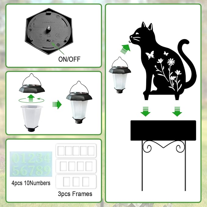 Solar Address Signs for Houses,Metal Cat House Number Outside Yard Stakes | Glow in The Dark Decorative Outdoor Ornaments for Garden,Lawn,Pathway,Patio