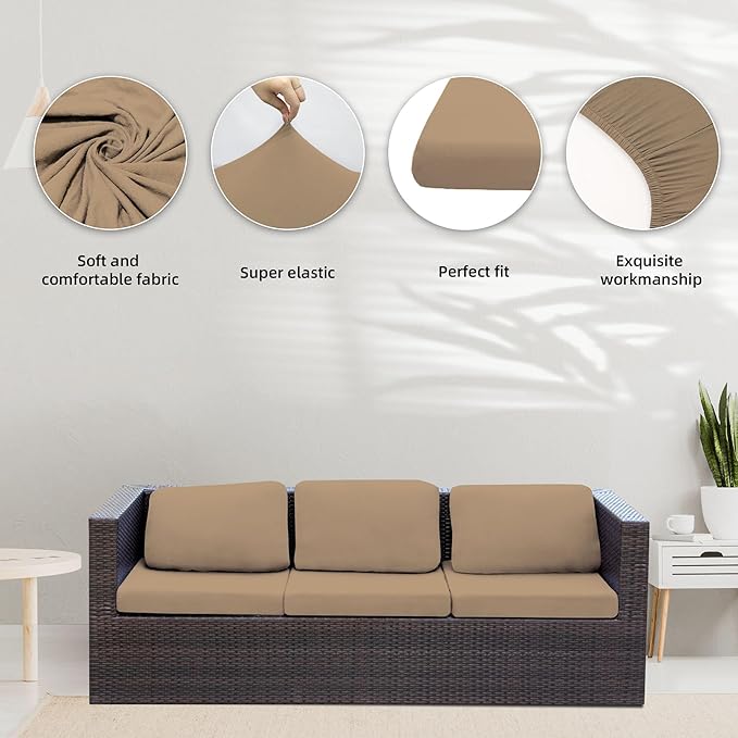 BIETYONE 8Pcs Stretch Patio Cushion Covers,Outdoor Couch Covers Replacement,Outdoor Couch & Sofa Slipcovers,for Patio Furniture Cushion Covers,Washable Reusable Furniture Protector (Khaki, Cover Only)