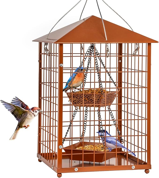 Mealworms Bird Feeders for Bluebirds - Metal - Huge Caged Squirrel-Proof Bird Feeders with 2 Cups, DIY Wild Bird Feeders Outdoor Hanging (Brown), Attract Wild Birds, 2lbs Seed Capacity+1 Mealworms Cup