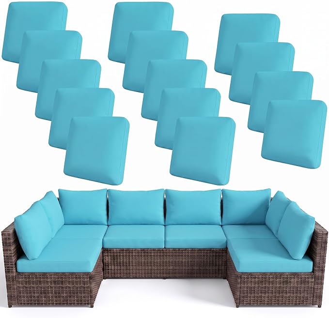 pickyNproud 14Pcs Patio Cushion Covers Stretch Outdoor Couch Cushions Slipcovers Replacement Washable Furniture Protector with Elastic Bottom Sofa Chair Seat Cover, Aqua Blue