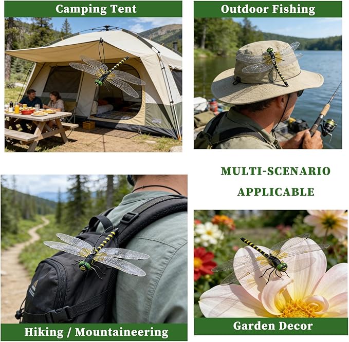 Dragon Fly Clips,4PCS Lifelike Fake Dragonflies Outdoor Hanging Ornament & Garden Decor,Clip to Hat Backpack Tent Outdoor Gear for Hiking Gardening Camping,Durable PVC Hanging Use