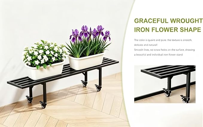 Zhongma One Tier Metal Plant Stand with Wheels,(45.67 L x 8.66 W x 10.3 H) Heavy Duty Plant Holder for Home, Window,Garden, Plant Lovers, Display Stand