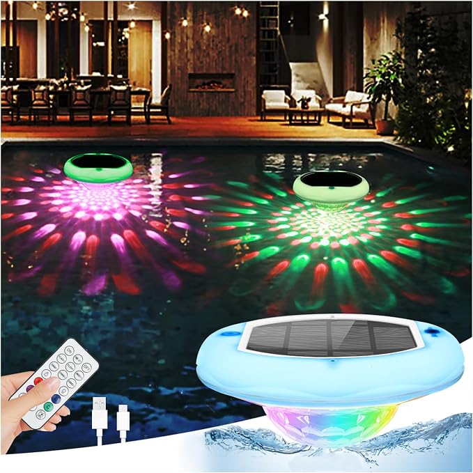 QOLNBY Solar Pool Lights(1 Pack), USB Rechargeable Floating Pool Lights with Remote, 6.69 Inch 2600mAh IP68 Waterproof RGB 6 Dynamic Modes Upper and Lower Glow Hangable Pool Lights that Float