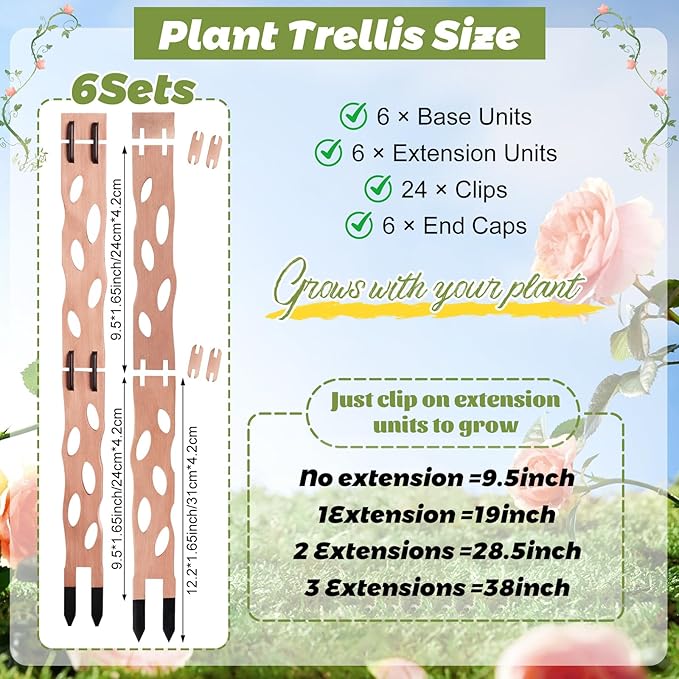 6 Sets Wooden Extendable Plants Trellis Indoor Modular Plant Trellis with Wood Thrive Sign Decor and Extensions for Outdoor Climbing Houseplants Vine Flower Stem (Classical)