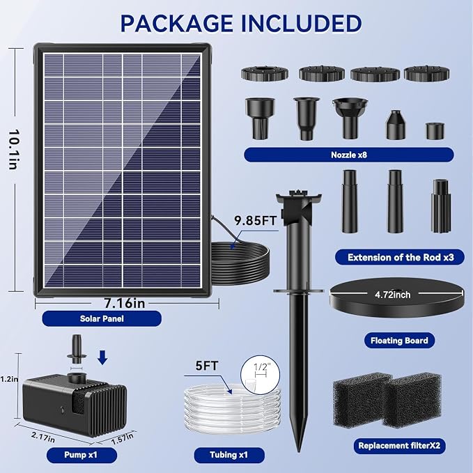 Antfraer 8W Solar Water Pump with Dry-Run Protection, Solar Bird Bath Fountain Pump Double-Layer Nozzles & 5Ft Tubing, Solar Fountain Pump for Small Pond, Garden, Patio & Outdoor Water Feature
