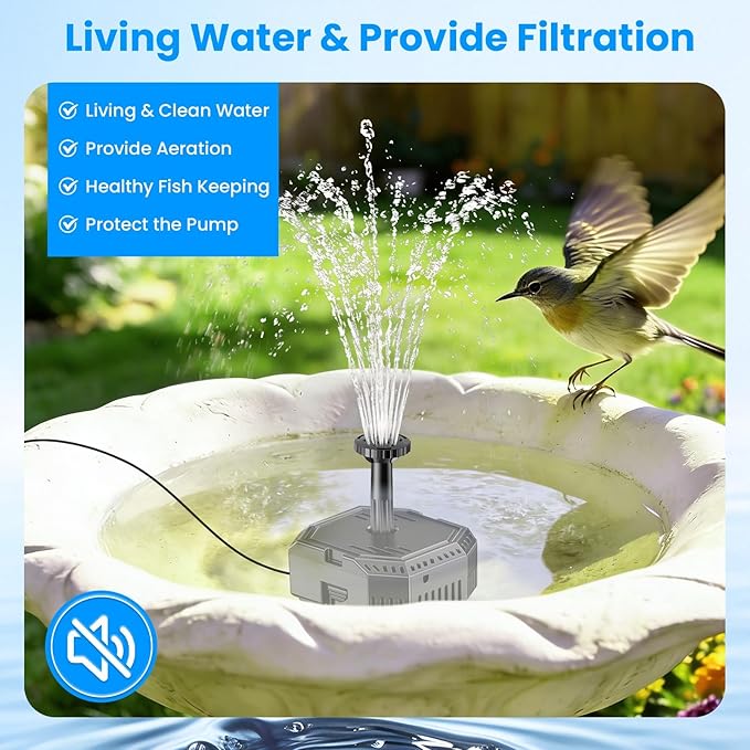 Antfraer 4W Solar Fountain Pump with Pond Filter, Solar Pond Filter Kit with 5 Nozzles & PVC Tubing, Solar Water Fountain for Outdoor Bird Bath, Small Ponds, Water Circulation & Oxygenation
