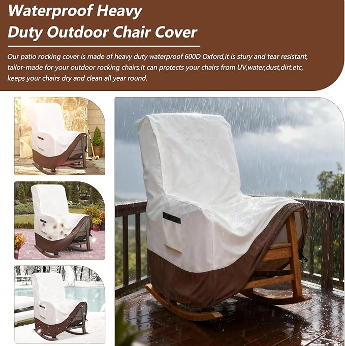 Outdoor Rocking Chair Covers, 600D Heavy Duty Waterproof Patio Recliner Chair Cover, Outdoor Furniture Covers Waterproof for Lawn/Garden Patio Rocking/Recliner Chair, Beige&Brown