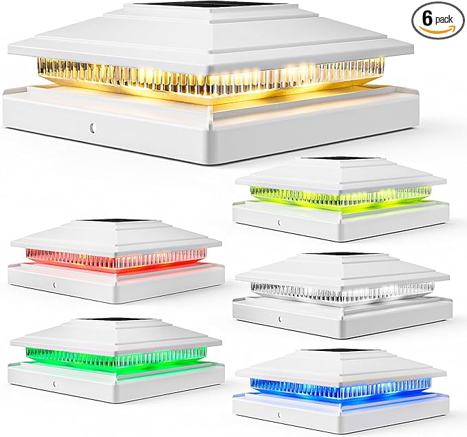 6Pack Solar Post Cap Lights - 8 RGB Color Changing Modes & Multicolor Flow, IP65 Waterproof - for 4x4/6x6 Wood & 4x4/5x5 Vinyl Fence Posts - Outdoor Deck, Patio, Garden Lights (White)