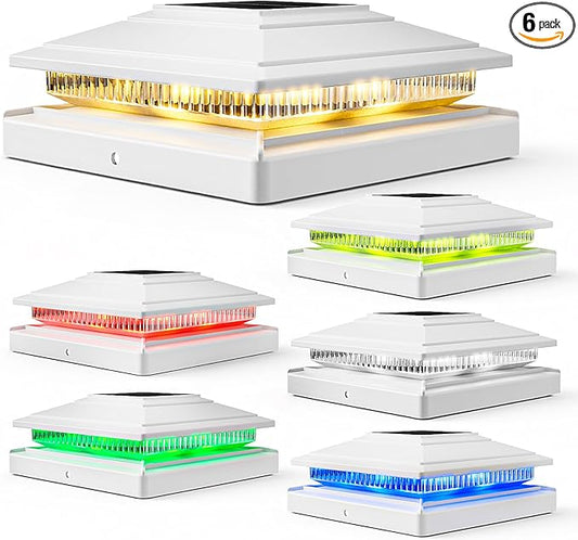 6Pack Solar Post Cap Lights - 8 RGB Color Changing Modes & Multicolor Flow, IP65 Waterproof - for 4x4/6x6 Wood & 4x4/5x5 Vinyl Fence Posts - Outdoor Deck, Patio, Garden Lights (White)