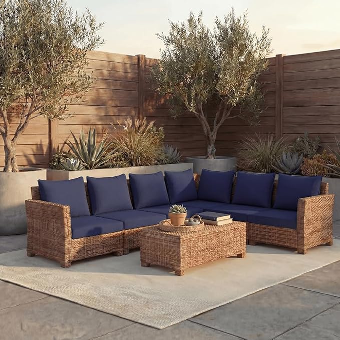 PatioGlow Outdoor Seat Cushion Set, 24" x 24" x 3.5", Set of 2, Water-Resistant & Fadeness Patio Furniture Cushions with Removable Cover & Ties, Thick Deep Seating Pads for Outside Sofa Couch, Blue