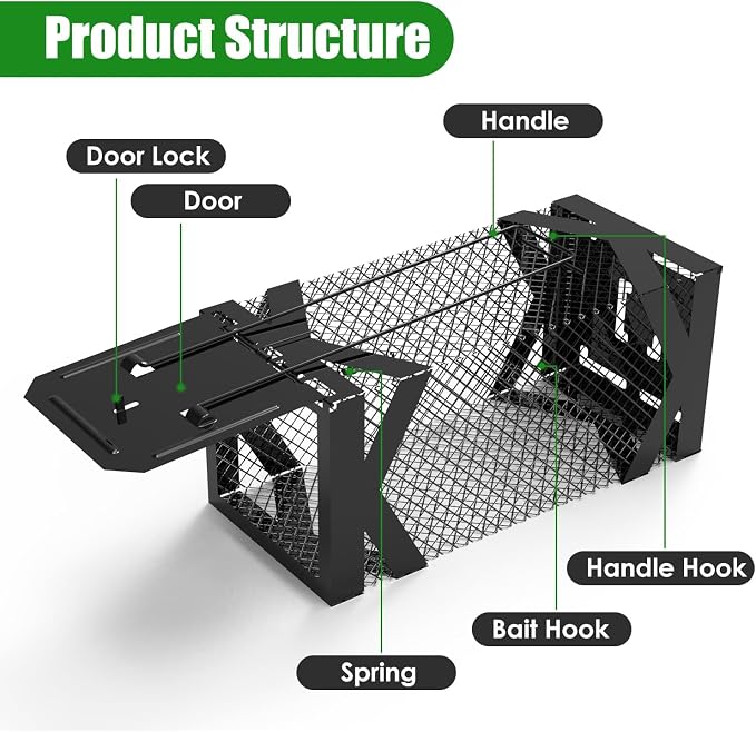 TeqHome 2 Pack Humane Rat Trap, Small Live Chipmunk Trap That Work for Indoor & Outdoor, Easy to Catch & Release, Live Animal Traps Mouse Cage Traps Reusable for Small Rodents Mice Voles Hamster,Black