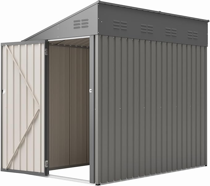 YOPTO 4x7 FT Outdoor Storage Shed,Lean to Lockable Metal Garden Shed Steel with Reinforced Beams,All Weather Waterproof Storage House W/Lockable Door&2 Air Vents,for Backyard,Patio,Lawn,Garden,Gray