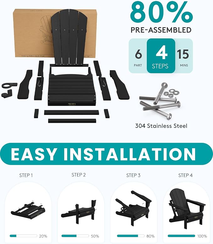 SERWALL Foldable Adirondack Chair with Cup Holder Set of 2, All Weather Adirondack Chairs for Patio Garden Outdoors Fire Pit - Black
