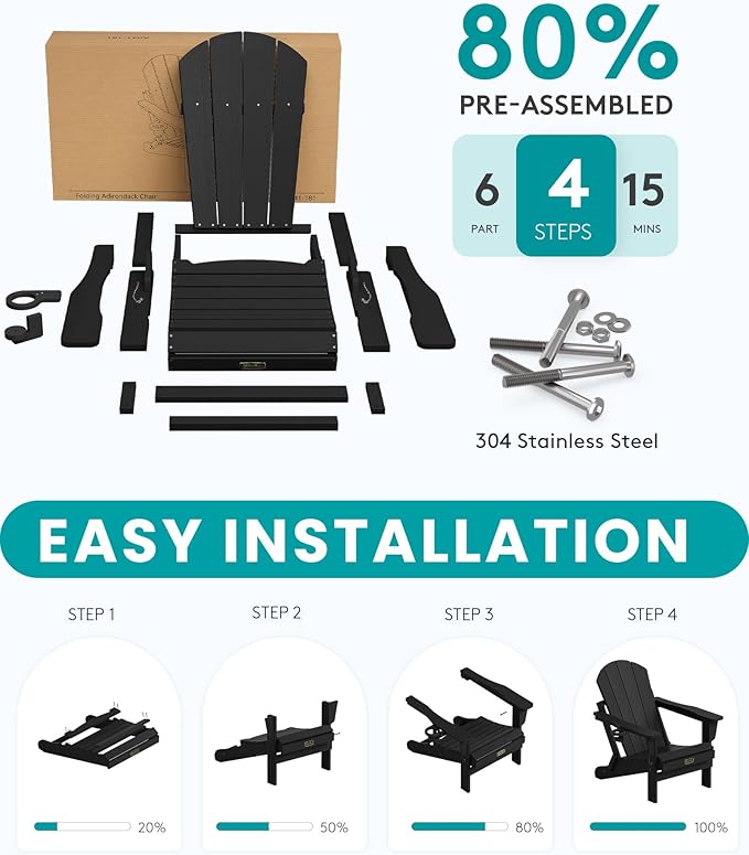 SERWALL Folding Adirondack Chairs Set of 6, Patio Chairs Lawn Chair Outdoor Adirondack Chair with Cup Holder, Weather Resistant for Patio Deck Garden, Backyard, Fire Pit - Black