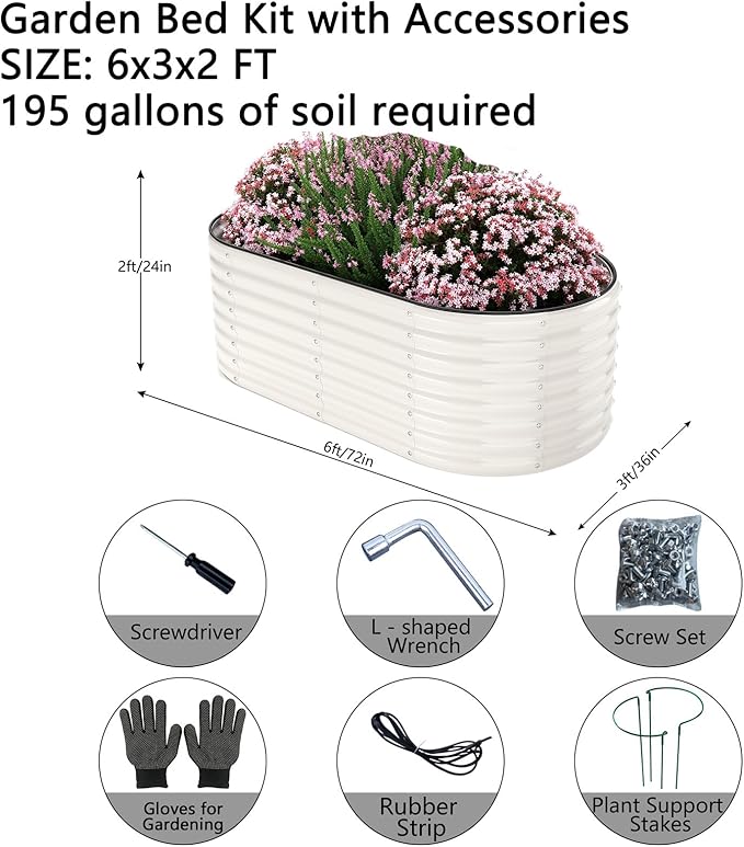 ZFHgarden Galvanized Metal Planter Round Raised Garden Bed Kit for Gardening Outdoor Garden Box Raised Flower Bed 1PC White 6X3X2FT
