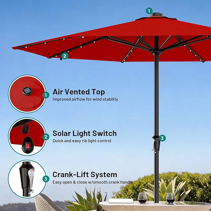 AreShark 11FT Large Patio Umbrella with Solar Lights, Lighted Solar Umbrella with Crank, Outdoor Table Market Umbrellas for Garden, Deck, Backyard, Pool and Beach, Red