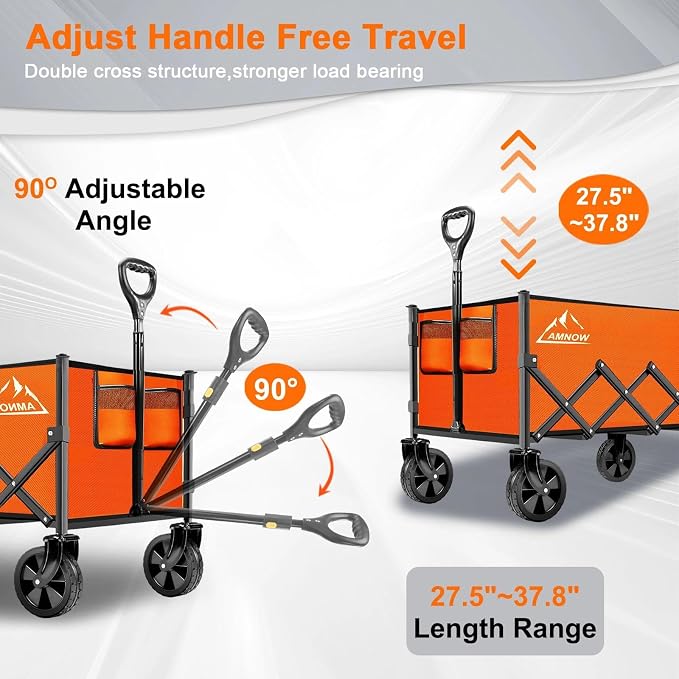 Collapsible Folding Wagon Cart, 350LBS Utility Large Capacity Cart Foldable Wagon with All Terrain Wheels, Grocery Wagons Carts for Garden Shopping Sports Camping, Bright Orange