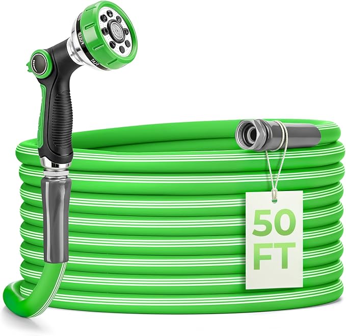 Garden Hose 50 Ft With 8-Pattern Spray Nozzle, 5/8" Lead-Free Flexible Water Hose With 3/4" Anodized Aircraft-Grade Aluminum Interface, Lightweight Kink-Resistant Water Pipe For Lawn, Yard, Outdoor