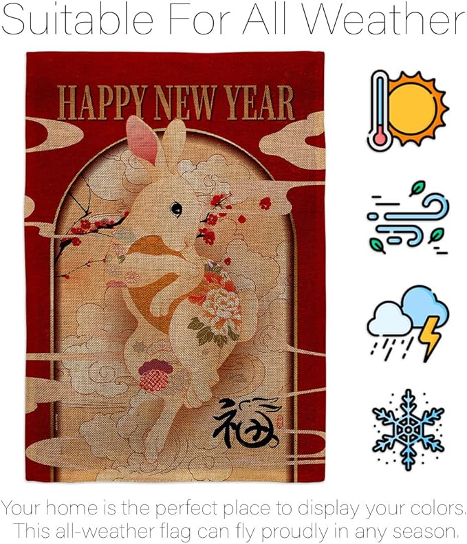 Lunar New Year of Rabbit Wall Tapestry Home Decor Burlap Banner Patio Porch Lawn Garden Flag Pole Room Decorations Indoor Outdoor Yard Sign Spring Gifts Prosperous Chinese Decoration Made in USA