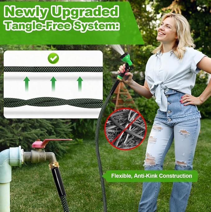 Garden Hose 100ft, Non-Expanding Flexible Hose, Lightweight, Kink Free, Sturdy, Leak-Proof, Portable, Water Hose with 10 Function Nozzle for Outdoor, Yard, Lawn, Car Wash and Camper Use