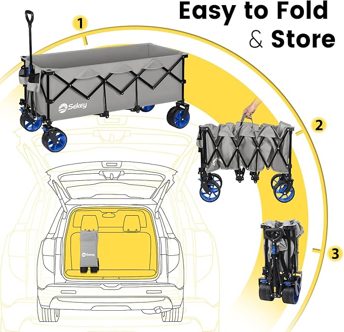 Sekey Extended Collapsible Foldable Wagon with 660lbs Weight Capacity, Heavy Duty Folding Utility Garden Cart with Big All-Terrain Beach Wheels & Drink Holders. Light Gray