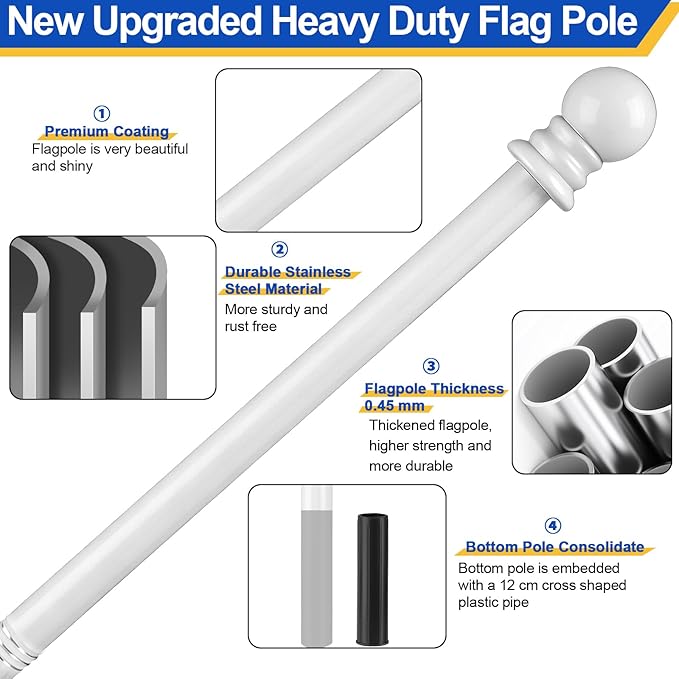 Flag Pole for Outside House, Heavy Duty Metal Flagpole for Residential, Outdoor or Porch, Stainless Steel Flag Poles, Upgraded Tangle Free Design, 1 Inch (5FT, White)