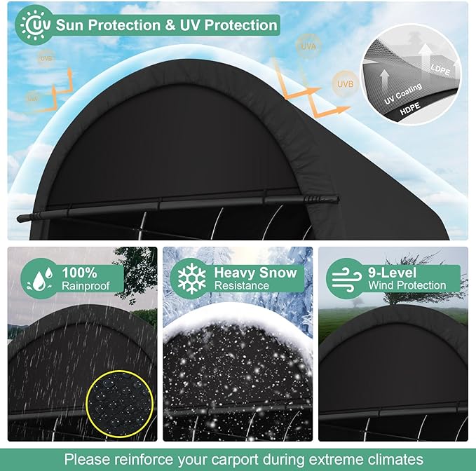 COBIZI Carport 10x15 Heavy Duty Portable Garage Storage Shelter Shed with All-Steel Metal Frame & Vents, Anti-Snow Waterproof Round Style Outdoor Storage Shed for Car, Truck, Boat, Patio Furniture