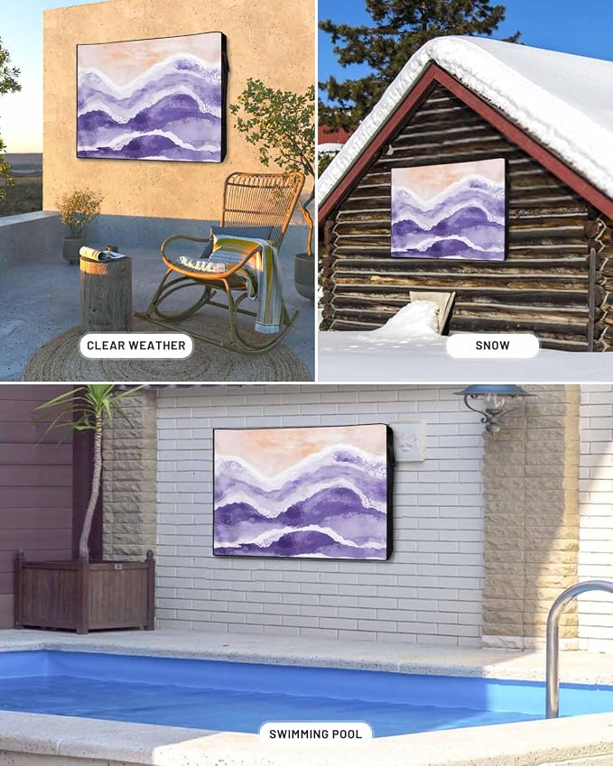 Outdoor TV Cover for Outside Flat Screen,Boho Purple Ombre Sea Wave 600D Thick Waterproof Weatherproof Outdoor TV Screen Protector with Zipper for 52 to 55 Inch Flat Screens Ocean Beach Coastal Scene