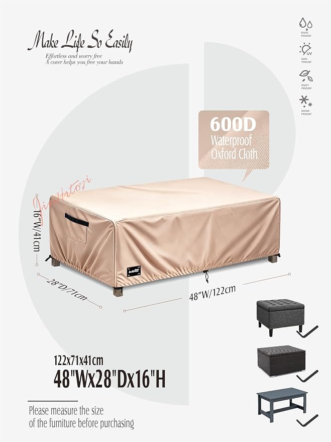 Patio Coffee Table Cover,48Wx28Dx16H Inches 100% Waterproof Heavy Duty Outdoor Rectangular Side Table Cover,Light Brown Minimalism Style Outdoor Furniture Covers