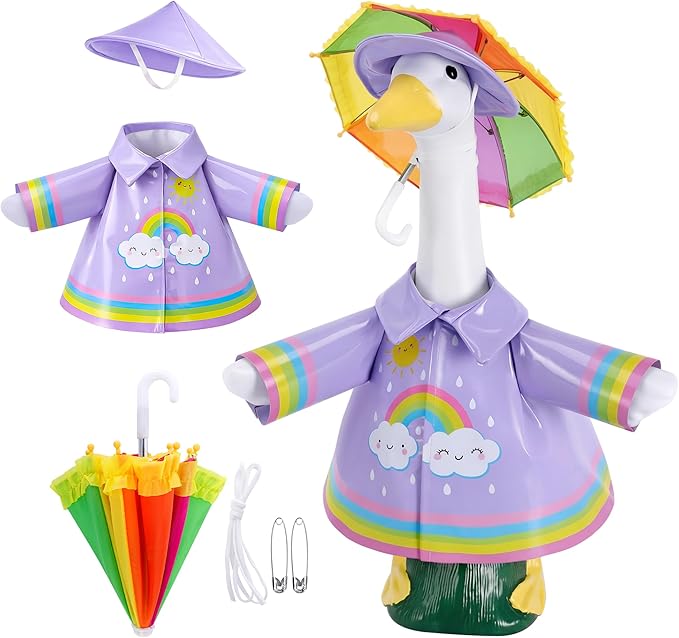 DECOHS 3 Pcs/Set Raincoat Porch Goose Outfits, Summer Lawn Goose Statue Raincoat Costume, Yard Goose Clothes Raincoats Umbrella Hat Outfit for 23" Statue Patio Garden Decoration (Purple Rainbow)