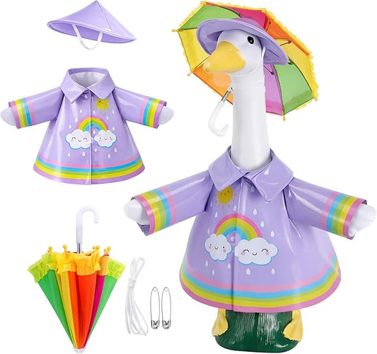 DECOHS 3 Pcs/Set Raincoat Porch Goose Outfits, Summer Lawn Goose Statue Raincoat Costume, Yard Goose Clothes Raincoats Umbrella Hat Outfit for 23" Statue Patio Garden Decoration (Purple Rainbow)