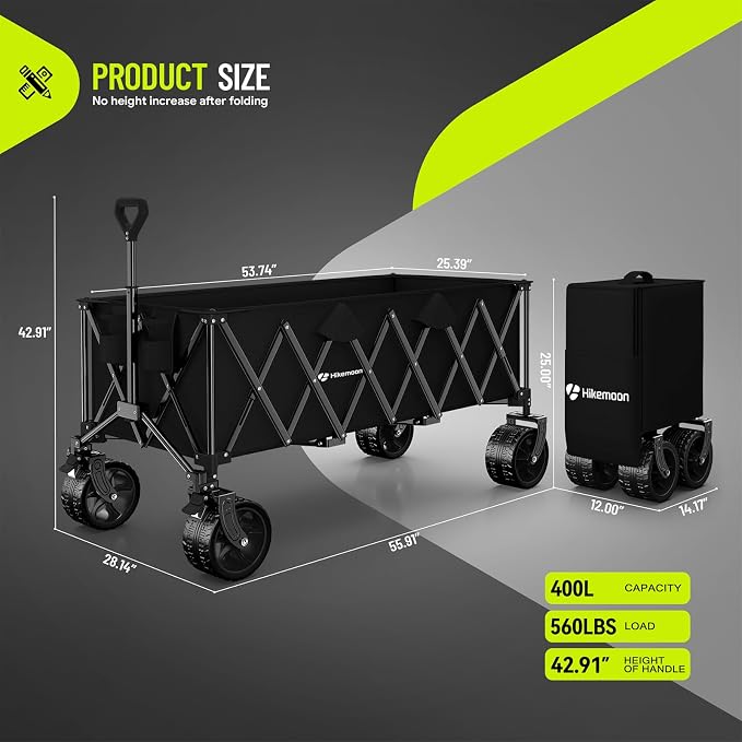 Hikemoon 54" Long Collapsible Wagon 400L Extra Large, Wagons Carts Foldable with Big All-Terrain Wheels, 560LBS Heavy Duty, Utility Folding Cart for Beach, Camping, Grocery, Sports, Garden, Black