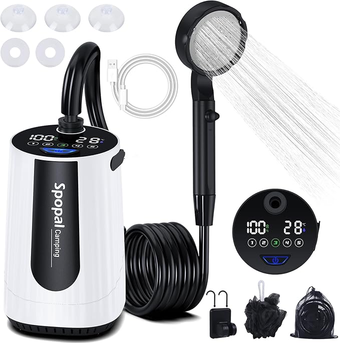 Spopal Portable Shower for Camping, [Upgraded] 10000mAh Rechargeable Camping Shower with 5 Adjustable Speeds,Premium LED Display, IPX8 Waterproof Outdoor Shower Kit for Hiking, Car, Pet, Travel