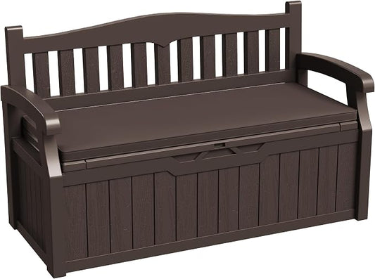 Greesum 80 Gallon Outdoor Storage Bench Deck Box with Cushion & Armrest, Lockable, Waterproof UV Resistant, Comfortable Seating for Patio, Pool, Garden, Brown