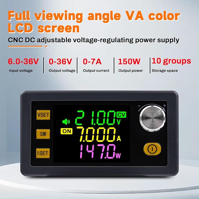 ZPSHYD Buck Boost Converter, 150W 0-36V 7A Adjustable CNC DC Power Supply with MPPT Solar Charging, Color LCD & 10 Memory Groups for Lab, EV, Camping, XY-SK150