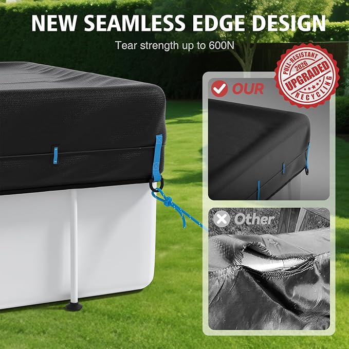 9x18 Ft Rectangular Pool Cover, 3-in-1 Super Windproof System, Upgraded Seamless Side Design with Fast Ratchet Tie Downs, 420D Oxford Fabric - All Season Use, UV & Dust Proof