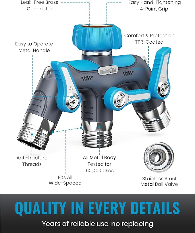 RAINPOINT 3 Way Hose Splitter, 100% Metal Heavy Duty Garden Hose Splitter With 1.9" Extra Long Handle & Individual Shut Off, 3/4 Inch GHT Thread Water Hose Connector For Outdoor Spigot Faucet (Blue)