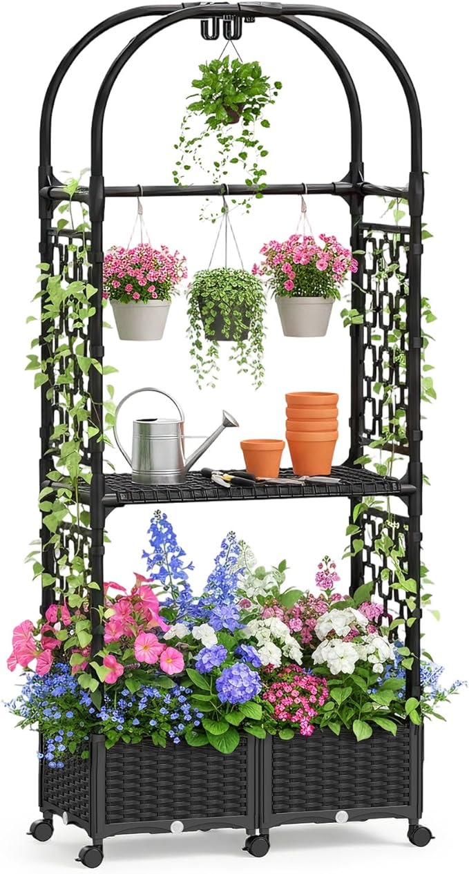 71"x16"x32" Planter Box with Trellis, 3-in-1 Self-Watering Planter Box with Wheels for Patio,Raised Garden Bed with Trellis, Drainage Holes & Metal Storage Rack for Vine Climbing Plants