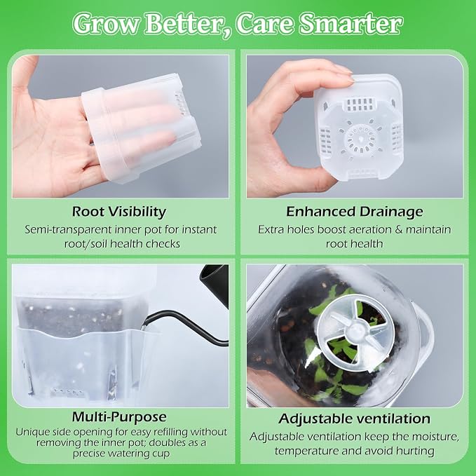 12 Pack 2.5" Self Watering Propagation Pots with Humidity Dome, Clear Plastic Seed Starter Cups, for Seedlings, Cuttings, Succulents, Herbs, Vegetables, with 12 Labels Included (Transparent 24 Pack)