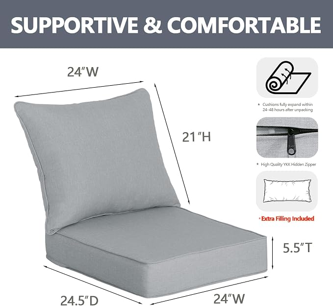 Goodgoods 24 x 24 Outdoor Patio Deep Seat Cushions 2-Pack, 1000+ Hours Fade-Resistant & Water-Resistant Outdoor Furniture Chair Cushions with 30D High-Resilience Foam for Sofa Chair, Stone Gray